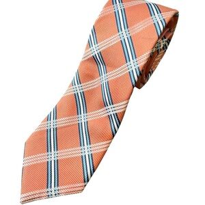 Nautica Men’s Orange Blue white Plaid Striped Tie 100% Silk Approx 60 Inches